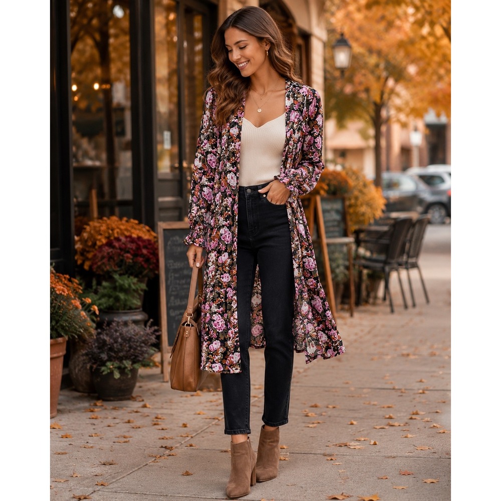 Saltwater Luxe Floral Duster Women Small Romantic Boho Cardigan Dark Floral Fall
